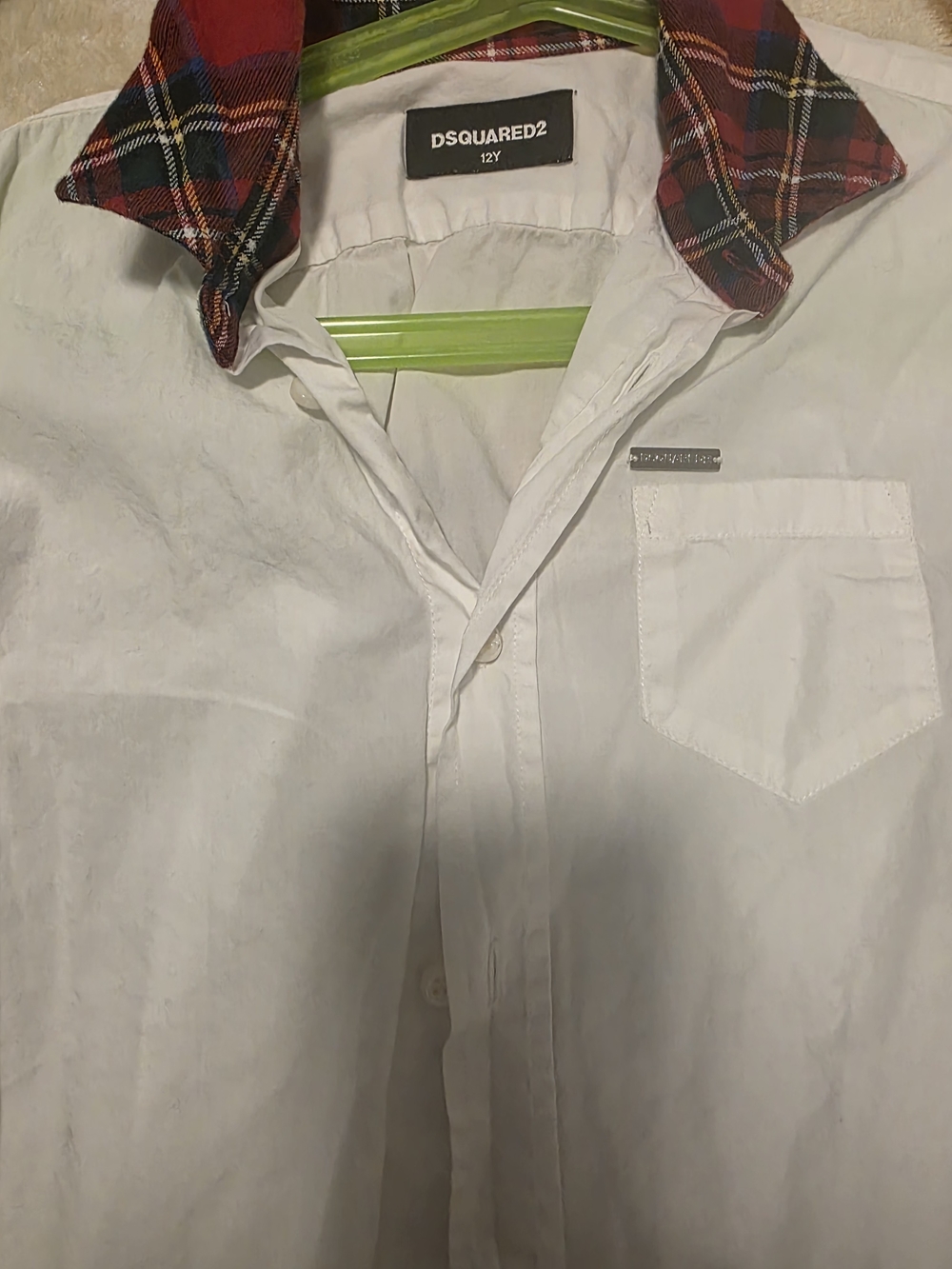 DSQUARED2 White Button-Up Shirt with Red Plaid Contrast Collar